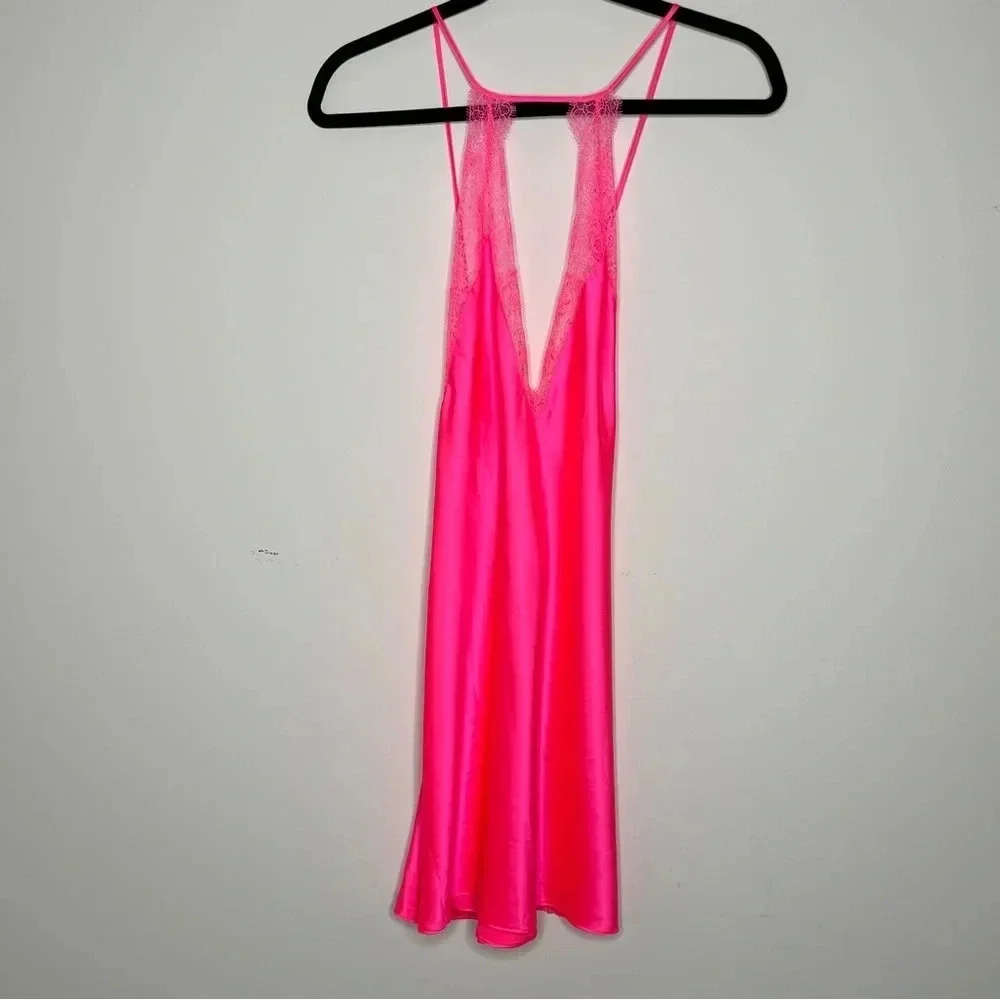 VICTORIA'S SECRET Satin Lace Slip Dress in Hot Pink